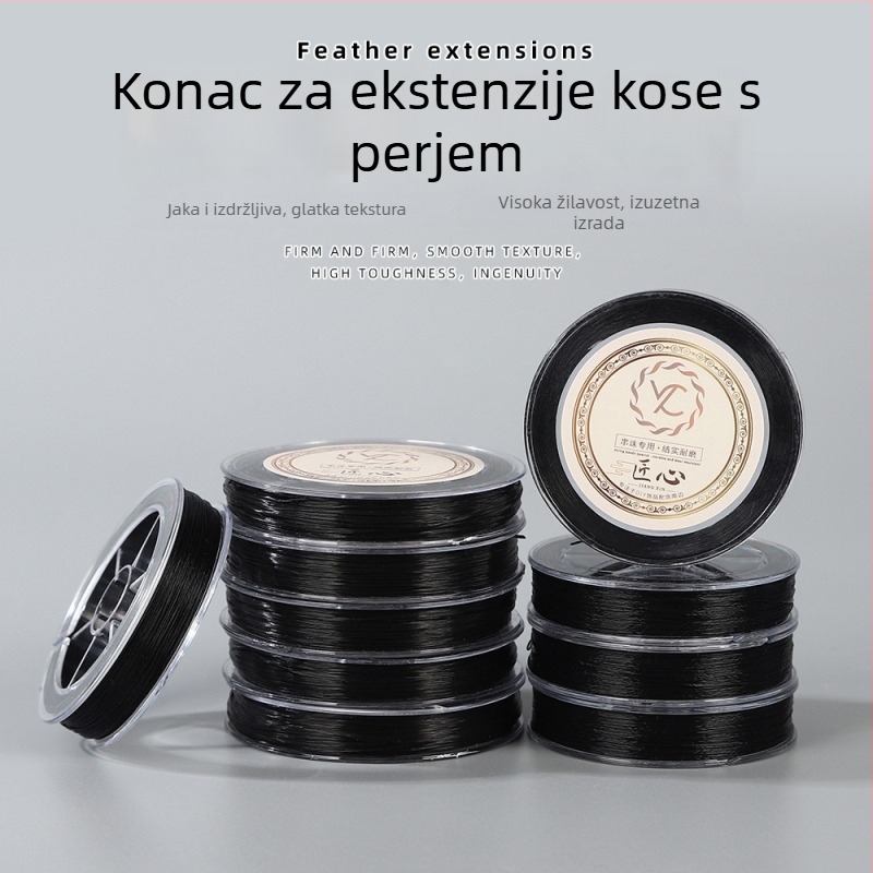 60 m crna pernata linija za kosu, elastična nit s perlicama, 0,4 mm