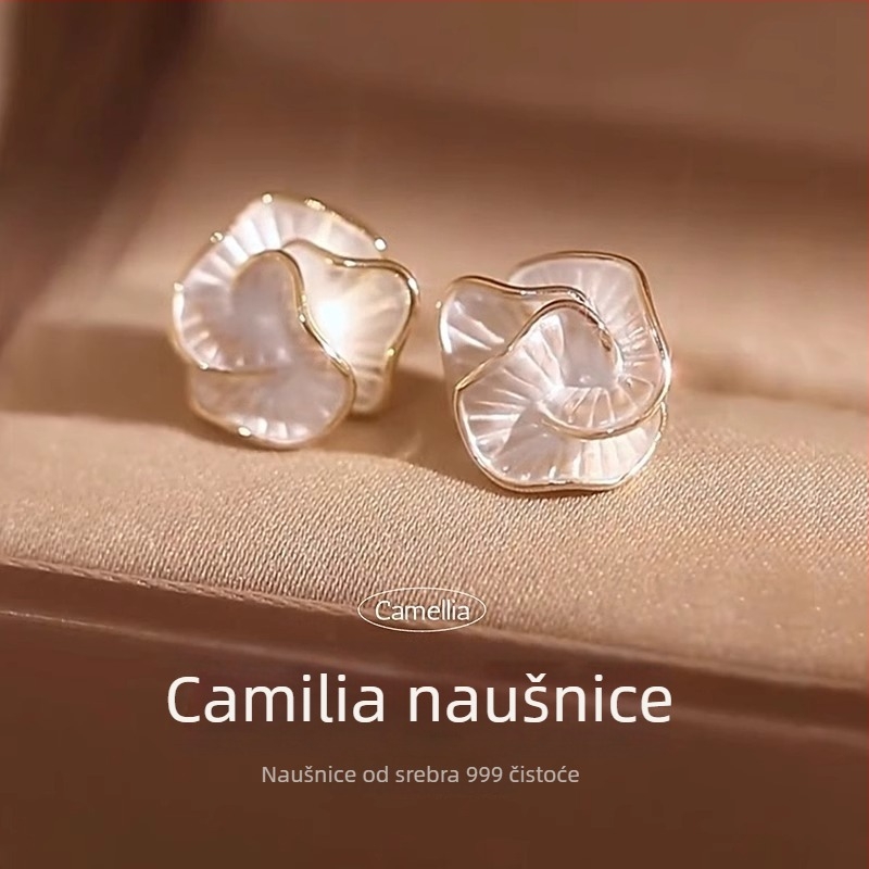 Naušnice iglom od 999 srebra, dizajn kamelije, minimalistički stil, za žene, jesen 2024
