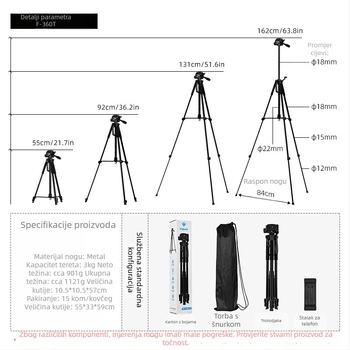 Stativ za fotografiju i video s trodimenzijskim gimballom – 3 sekcije, metalna konstrukcija, nosivost do 2 kg