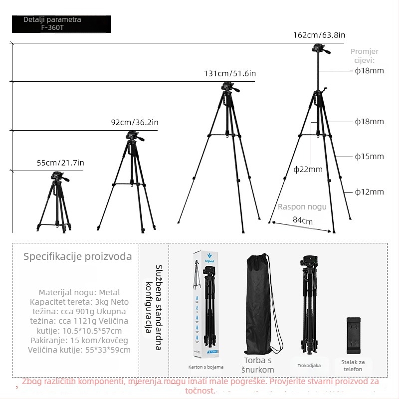 Stativ za fotografiju i video s trodimenzijskim gimballom – 3 sekcije, metalna konstrukcija, nosivost do 2 kg