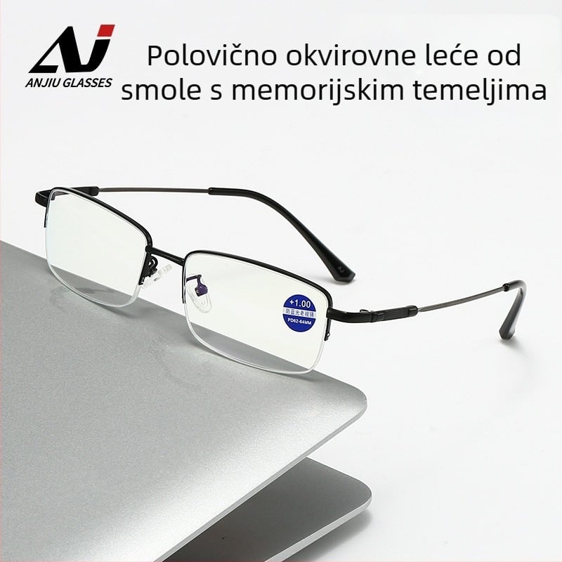 Presbiopijske naočale za starije osobe, protiv plavog svjetla, protiv umora, ultra lagane leće od smole, kvadratni metalni okvir, proljeće 2024