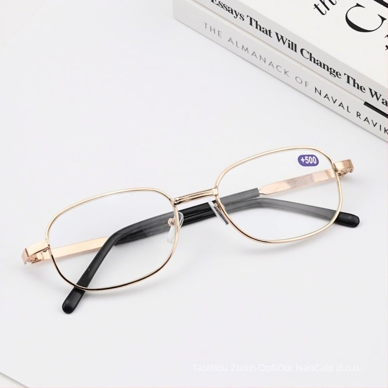 Naočale za čitanje s metalnim okvirom, staklene leće, dioptrija 450–600, ovalni okvir, puni okvir