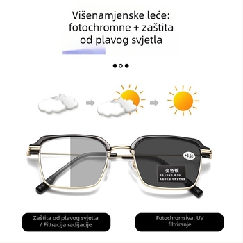 Naočale za čitanje s metalnim okvirom, zaštita od plavog svjetla, fotokromatske HD leće, puni okvir, podrška za blizinu vida