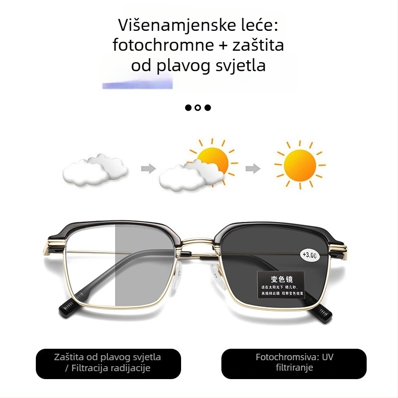 Naočale za čitanje s metalnim okvirom, zaštita od plavog svjetla, fotokromatske HD leće, puni okvir, podrška za blizinu vida