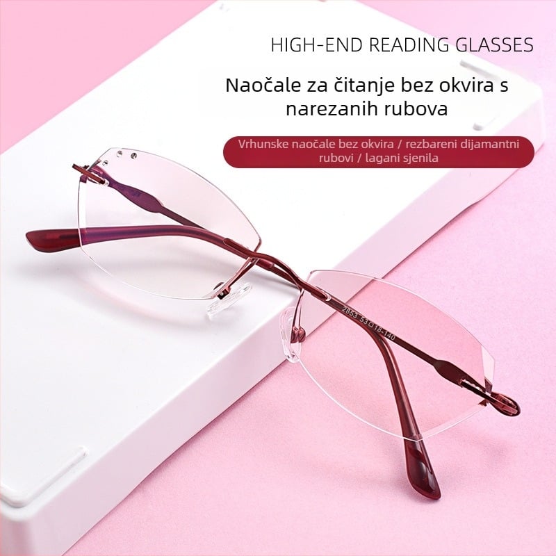 Naočale za čitanje bez okvira s lećama protiv plave svjetlosti, polygonalnog oblika leće, metalna konstrukcija, za presbiopiju