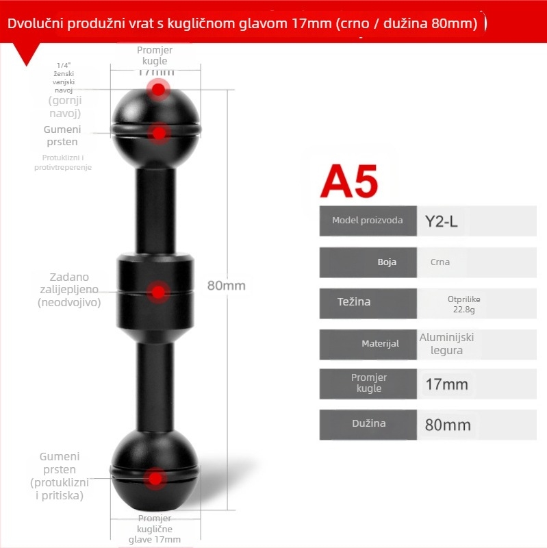 Aluminijski univerzalni nosač s kugličnom glavom od 17 mm – kompatibilan s mobitelima, akcijskim kamerama, bezzrcalnim kamerama i tabletima – višenamjenski
