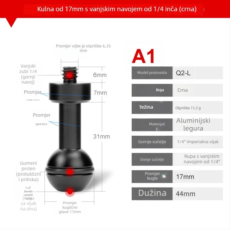 Aluminijski univerzalni nosač s kugličnom glavom od 17 mm – kompatibilan s mobitelima, akcijskim kamerama, bezzrcalnim kamerama i tabletima – višenamjenski