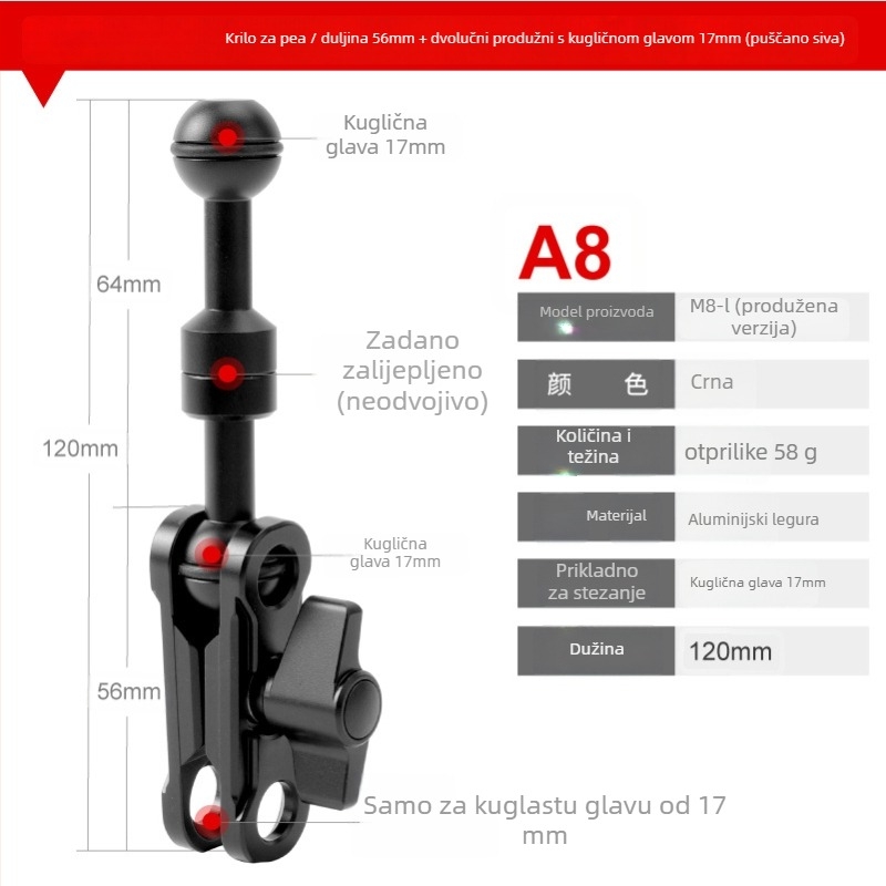 Aluminijski univerzalni nosač s kugličnom glavom od 17 mm – kompatibilan s mobitelima, akcijskim kamerama, bezzrcalnim kamerama i tabletima – višenamjenski