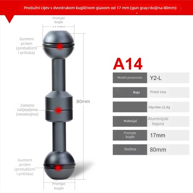 Aluminijski univerzalni nosač s kugličnom glavom od 17 mm – kompatibilan s mobitelima, akcijskim kamerama, bezzrcalnim kamerama i tabletima – višenamjenski