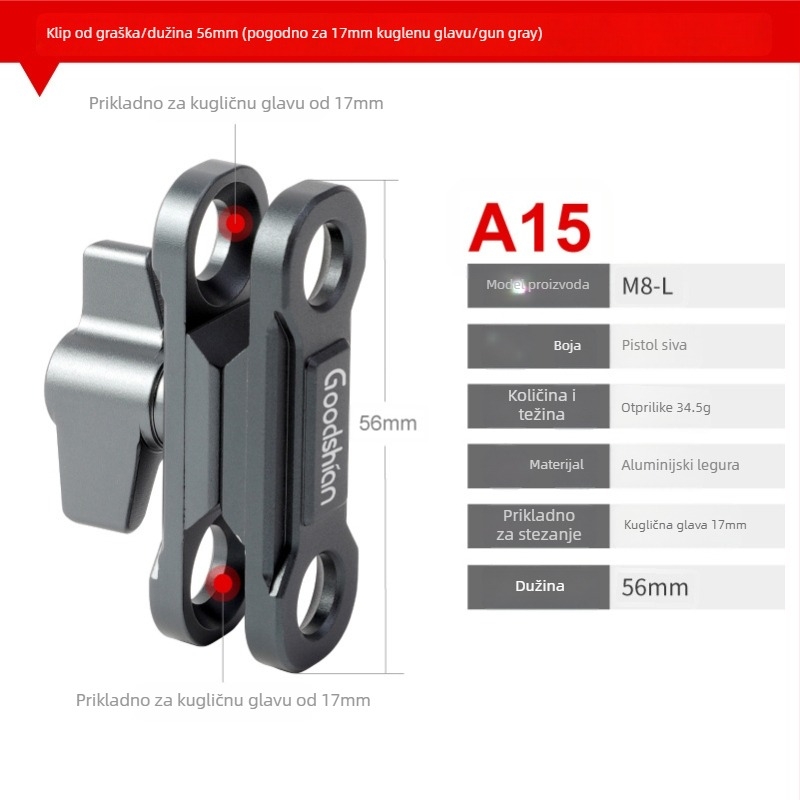Aluminijski univerzalni nosač s kugličnom glavom od 17 mm – kompatibilan s mobitelima, akcijskim kamerama, bezzrcalnim kamerama i tabletima – višenamjenski