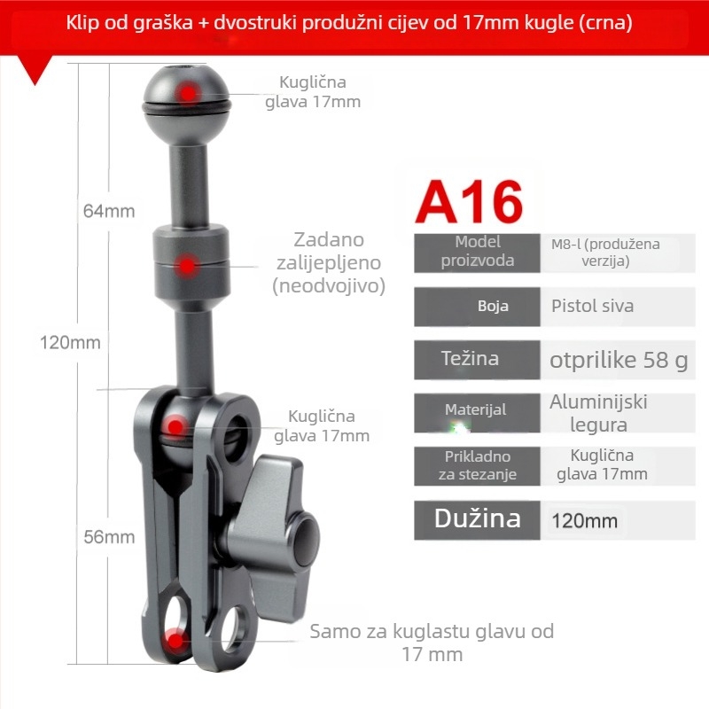 Aluminijski univerzalni nosač s kugličnom glavom od 17 mm – kompatibilan s mobitelima, akcijskim kamerama, bezzrcalnim kamerama i tabletima – višenamjenski