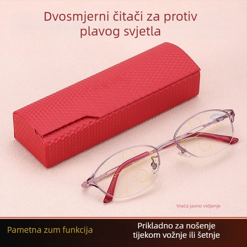 Ženske progresivne čitačke naočale – višefokusalne leće, anti-plava svjetlost, akrilne leće, metalni pola-okvir, okrugli okvir