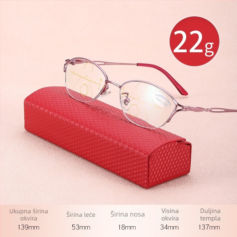 Ženske progresivne čitačke naočale – višefokusalne leće, anti-plava svjetlost, akrilne leće, metalni pola-okvir, okrugli okvir