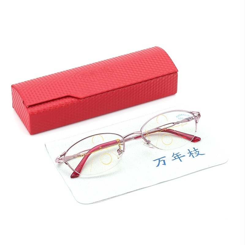 Ženske progresivne čitačke naočale – višefokusalne leće, anti-plava svjetlost, akrilne leće, metalni pola-okvir, okrugli okvir