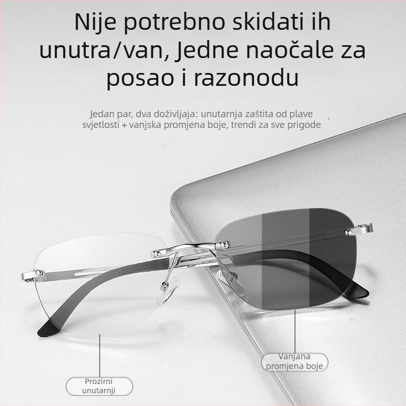 Naočale za čitanje s fotochromnim lećama, bezokvirni metalno-smolni okvir, proljeće 2025