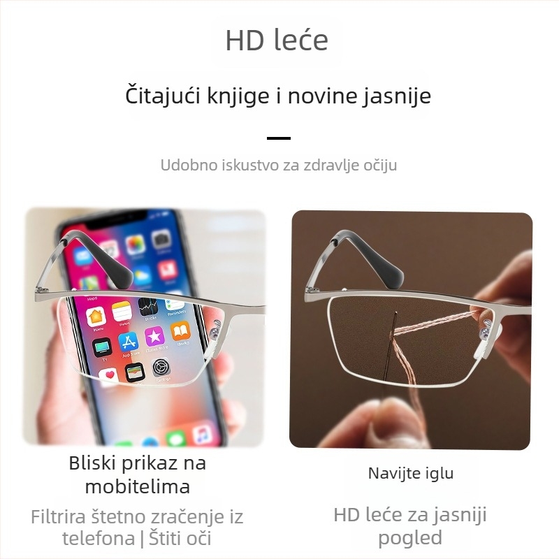 Naočale za čitanje s poluokvirnim metalnim okvirom, akrilne leće s zaštitom od plavog svjetla, unisex za starije osobe