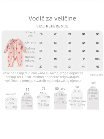 Pleteni bebi kombinezon s dugim rukavima, 100% pamuk, srcolasti uzorak, za novorođenčad 0–12 mjeseci, jesen-zima