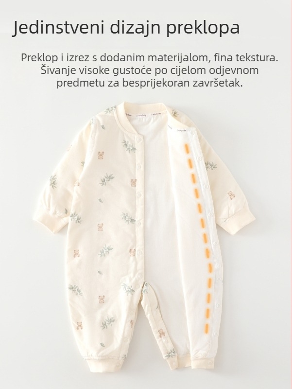 Novorođeni beba pamucni kombinezon s podstavom, dugi rukavi, bez kapulje, topao za proljeće, jesen i zimu; vanjski sloj 100% pamuk, unutarnji sloj 60% antibakterijsko vlakno + 40% poliester.