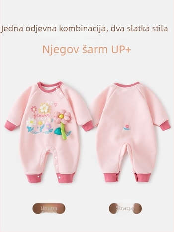 Unisex dječji jumpsuit s flis podstavom za jesen-zimu, pulover stil, debela pamuk mješavina (52% pamuka), za novorođenčad