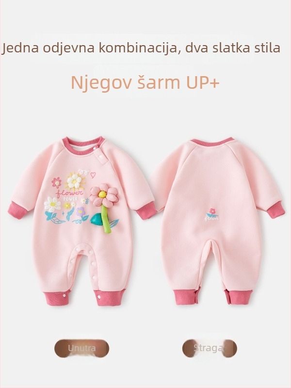 Unisex dječji jumpsuit s flis podstavom za jesen-zimu, pulover stil, debela pamuk mješavina (52% pamuka), za novorođenčad