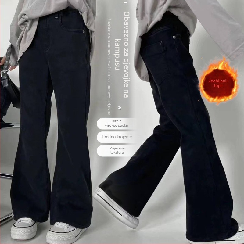 Dječje traperice s flis podstavom, bootcut stil, visok struk, 70% pamuk, motiv crtić, Zima 2025