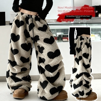 Dječje široke fleece hlače, korejski stil, uzorak srca, visok pas, 80% acetatna smjesa, mek završna obrada