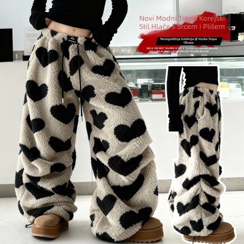 Dječje široke fleece hlače, korejski stil, uzorak srca, visok pas, 80% acetatna smjesa, mek završna obrada