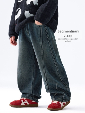 Muške dječje traperice s fleece podstavom, Twill denim, 67.3% pamuk / 28.2% poliester / 3.2% viskoz / 1.3% spandex, Zima 2025, za djecu iznad 8 godina