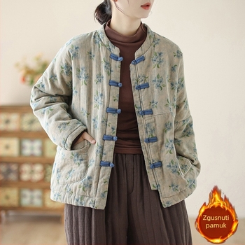 Ženski debeli puffer kaput od pamuka s akrilnim punjenjem, poliester tkanina, srednja duljina, dugi rukavi, umjetnički print, zatvaranje na gumbima