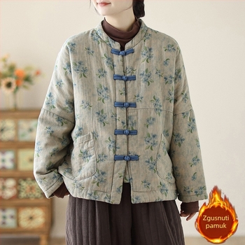 Ženski debeli puffer kaput od pamuka s akrilnim punjenjem, poliester tkanina, srednja duljina, dugi rukavi, umjetnički print, zatvaranje na gumbima