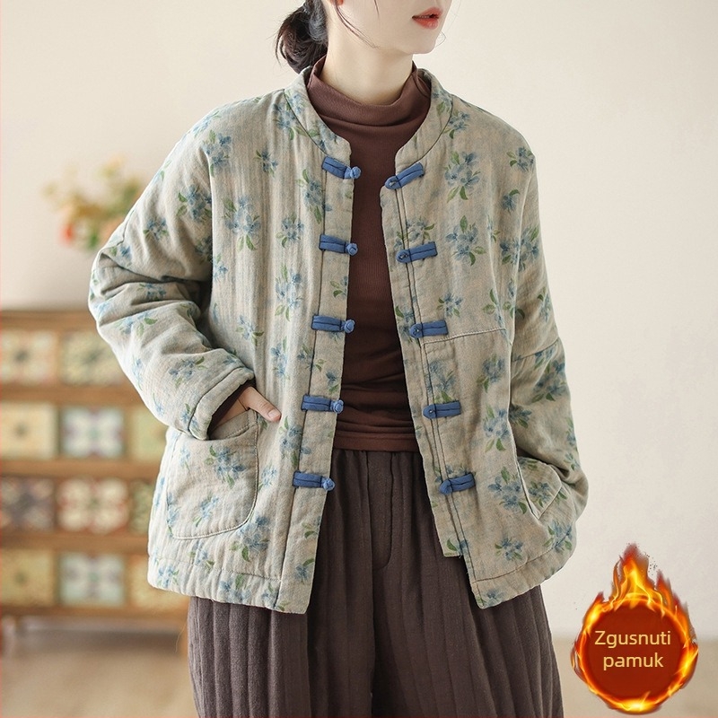 Ženski debeli puffer kaput od pamuka s akrilnim punjenjem, poliester tkanina, srednja duljina, dugi rukavi, umjetnički print, zatvaranje na gumbima