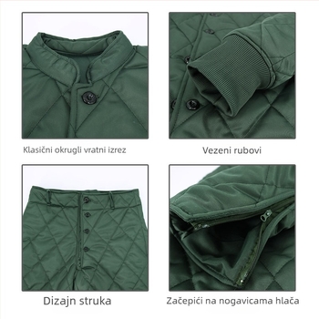 Muški pamučni jakna i hlače set, dvostruko kopčanje, stojeći ovratnik, debela podstava, bez kapuljače, 100% poliester.