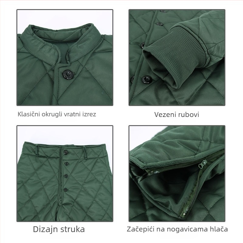 Muški pamučni jakna i hlače set, dvostruko kopčanje, stojeći ovratnik, debela podstava, bez kapuljače, 100% poliester.