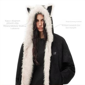 Jesensko-zimski debeli pamučni kaput sa stojećim ovratnikom i ukrasom od suede krzna, ženski