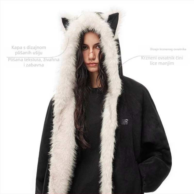 Jesensko-zimski debeli pamučni kaput sa stojećim ovratnikom i ukrasom od suede krzna, ženski