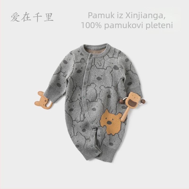 Unisex dječji debeli pleteni pamučni kombinezon s karikaturnim uzorkom, 100% pamuk, dugi rukavi, okrugli izrez