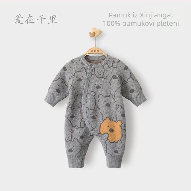 Unisex dječji debeli pleteni pamučni kombinezon s karikaturnim uzorkom, 100% pamuk, dugi rukavi, okrugli izrez