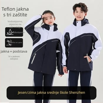 Zimsko-jesensko-proljetno 3-u-1 školska jakna za uniformu – otporna na vjetar i vodootporna, odvojiva kapuljača, prednji zatvarač, unisex, mekan poliester