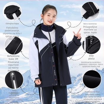 Zimsko-jesensko-proljetno 3-u-1 školska jakna za uniformu – otporna na vjetar i vodootporna, odvojiva kapuljača, prednji zatvarač, unisex, mekan poliester