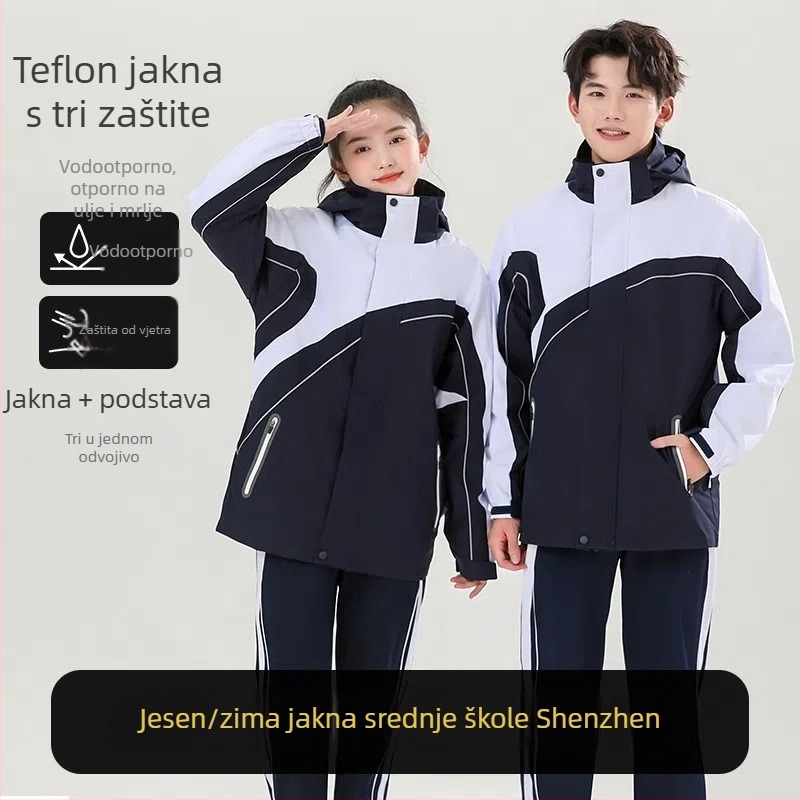 Zimsko-jesensko-proljetno 3-u-1 školska jakna za uniformu – otporna na vjetar i vodootporna, odvojiva kapuljača, prednji zatvarač, unisex, mekan poliester