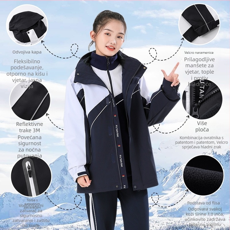 Zimsko-jesensko-proljetno 3-u-1 školska jakna za uniformu – otporna na vjetar i vodootporna, odvojiva kapuljača, prednji zatvarač, unisex, mekan poliester