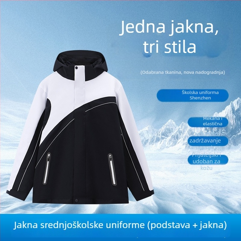 Zimsko-jesensko-proljetno 3-u-1 školska jakna za uniformu – otporna na vjetar i vodootporna, odvojiva kapuljača, prednji zatvarač, unisex, mekan poliester