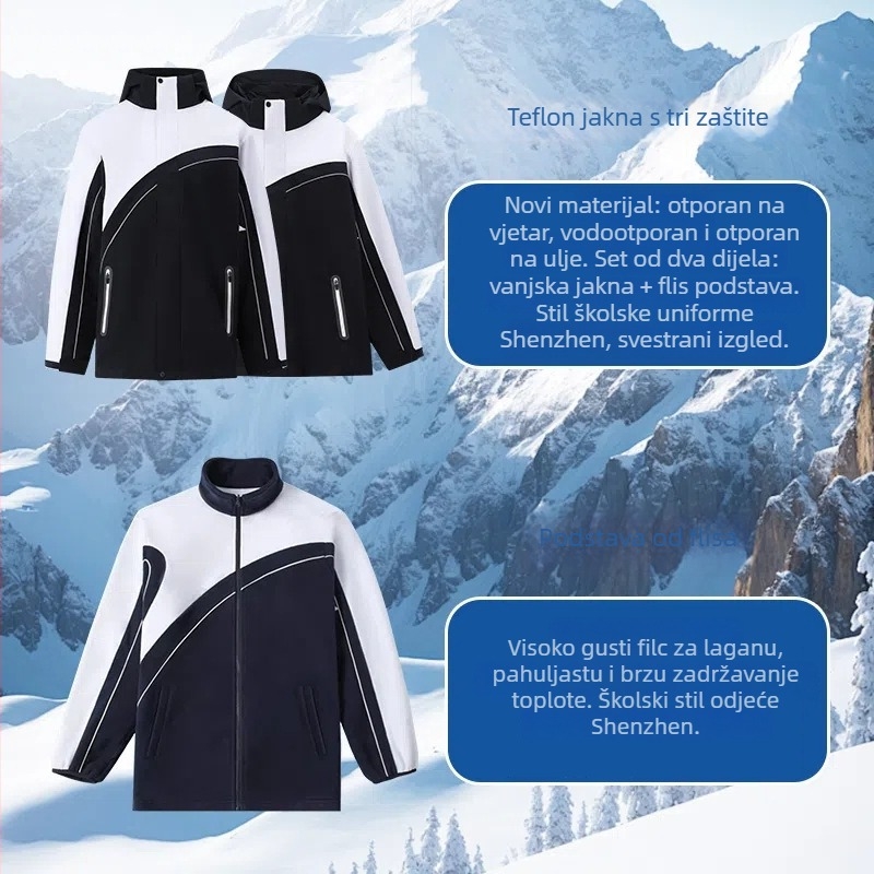 Zimsko-jesensko-proljetno 3-u-1 školska jakna za uniformu – otporna na vjetar i vodootporna, odvojiva kapuljača, prednji zatvarač, unisex, mekan poliester