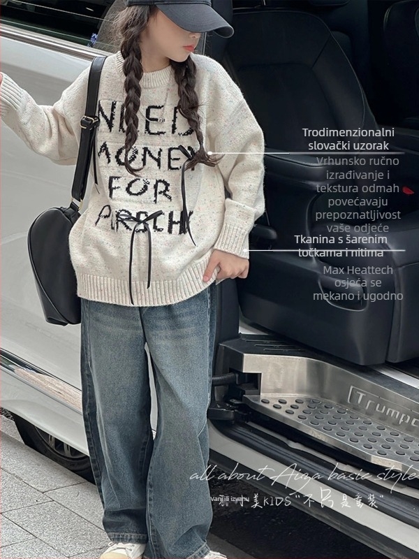 Dječji pleteni džemper - korejski stil, pulover, 100% poliester, debeli pleteni materijal