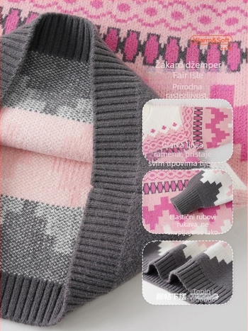 Djevojčice pleteni džemper s debelim vunenim uzorkom Fair Isle, dugi rukav, okrugli izrez, zimski osnovni top