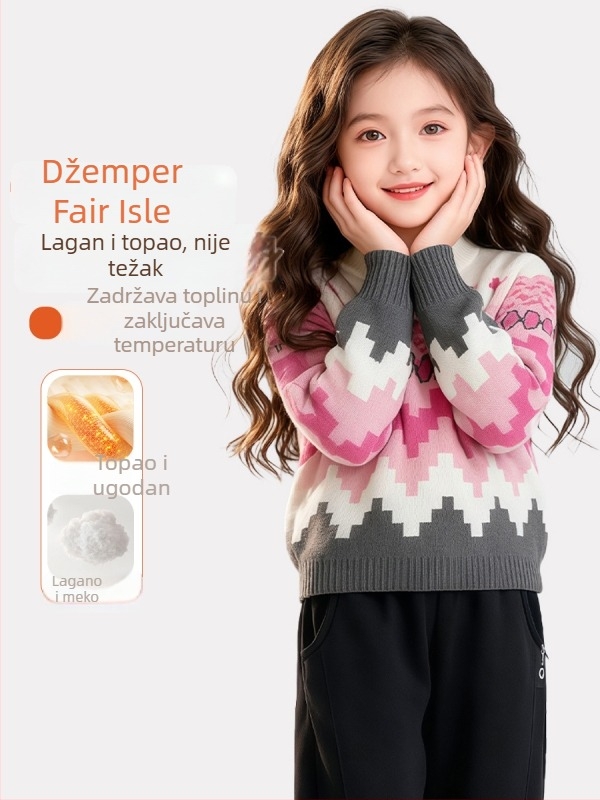 Djevojčice pleteni džemper s debelim vunenim uzorkom Fair Isle, dugi rukav, okrugli izrez, zimski osnovni top