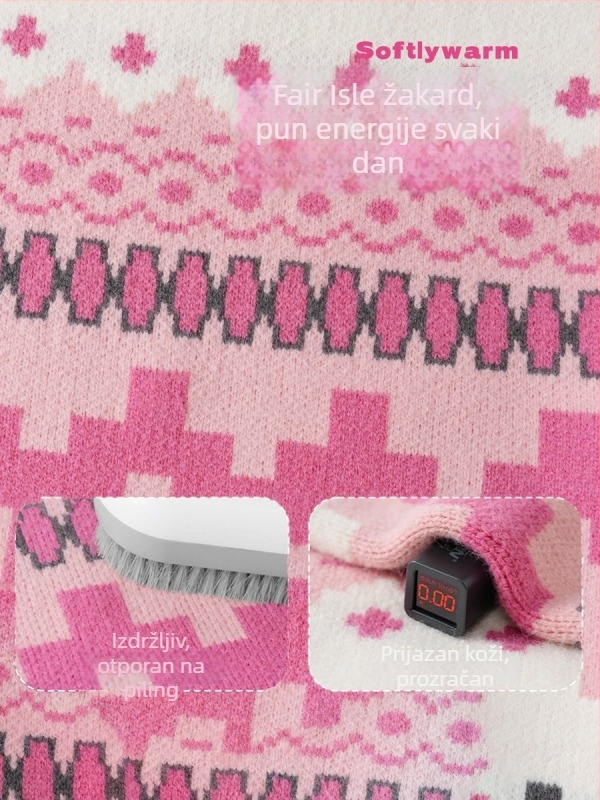 Djevojčice pleteni džemper s debelim vunenim uzorkom Fair Isle, dugi rukav, okrugli izrez, zimski osnovni top
