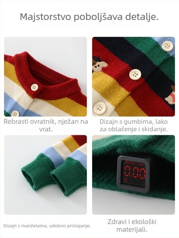 Dječji pleteni kardigan – korejski stil, debeli pleteni materijal, dugi rukavi, okrugli izrez, akrilna smjesa, prugasti/abstraktni uzorak