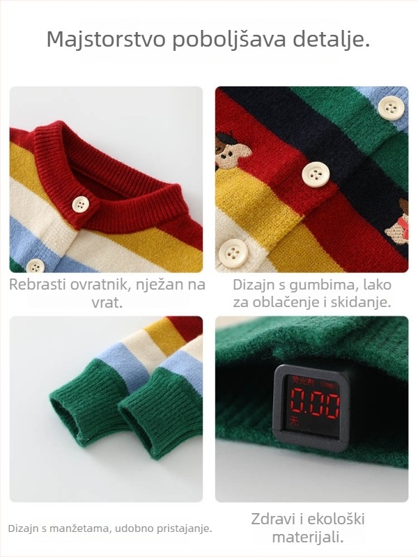 Dječji pleteni kardigan – korejski stil, debeli pleteni materijal, dugi rukavi, okrugli izrez, akrilna smjesa, prugasti/abstraktni uzorak