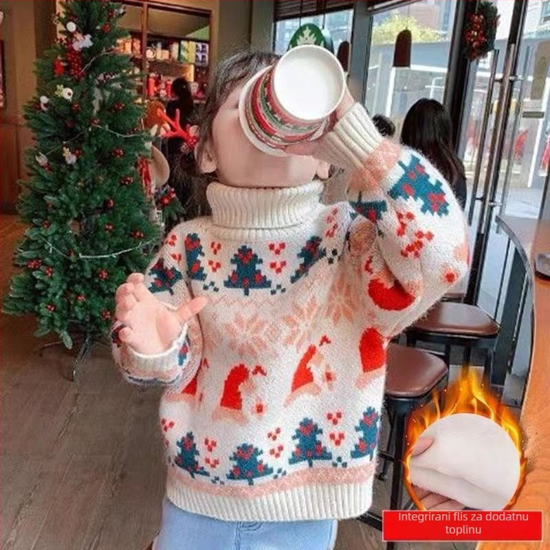 Dječji pulover za djevojčice u korejskom stilu, jesen-zima, visok ovratnik, dugi rukavi, print s karikaturom, 95% akril, srednja debljina, za uzrast 3-8 godina